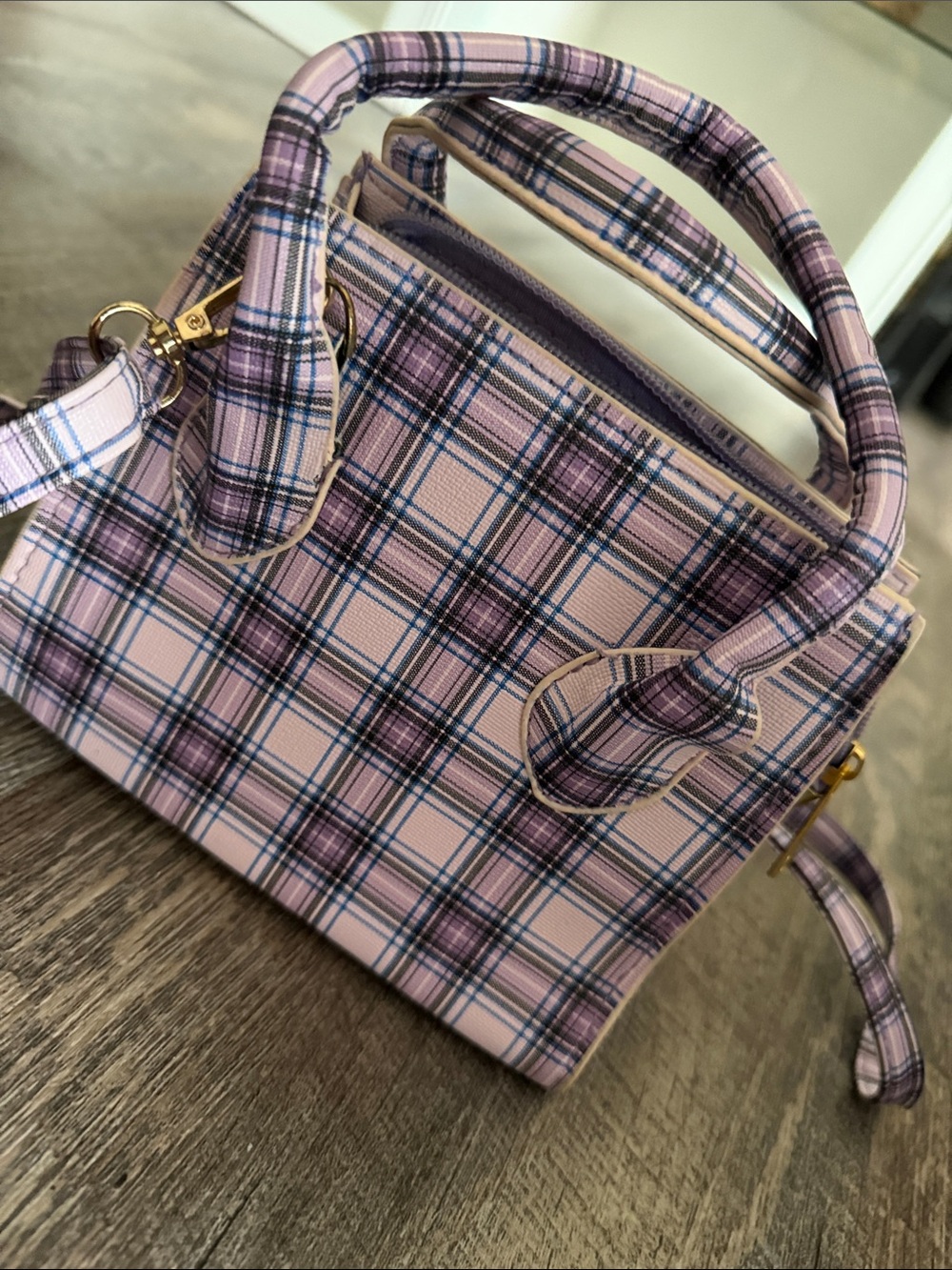 Plaid Top-Handle Crossbody Bag in Light Pink and Purple